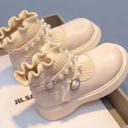 Girl's Short Boots Ankle-High Beading Autumn Fly-Woven Kids Sock Boot Wedges Flexiable Sweet Slip-on Toddler Children Boot 23-36