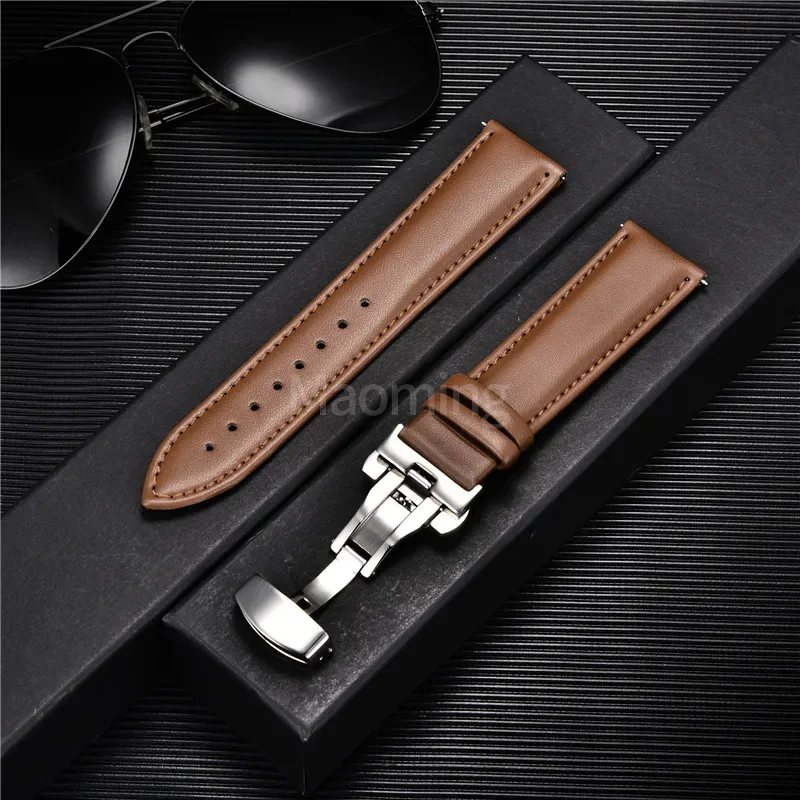 Кожаный ремешок для часов 22 мм, мужской и женский кожаный ремешок для часов с автоматической застежкой-бабочкой, ремешок для часов