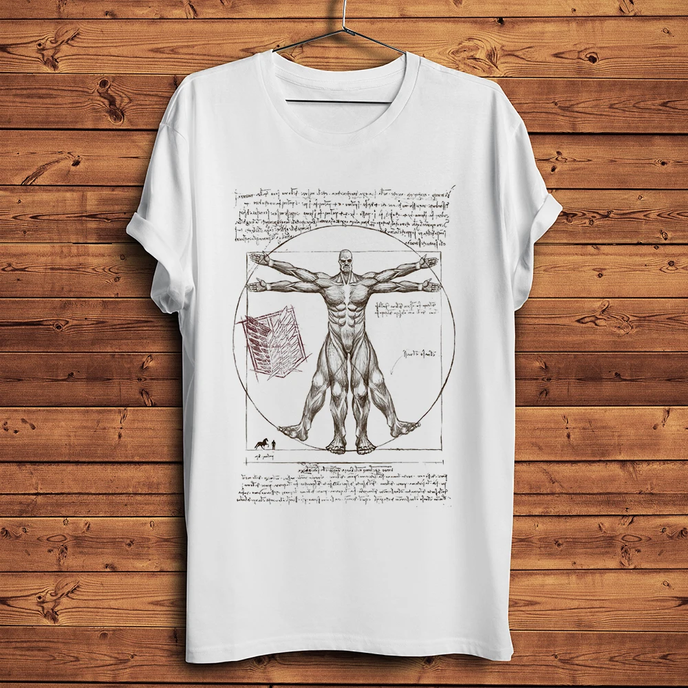 Da Vinci Uomo Vitruviano,Eren Jaeger,Funny Anime T-Shirt,Men White Short Casual Tshirt Unisex,AOT Manga Streetwear,Gift Tee