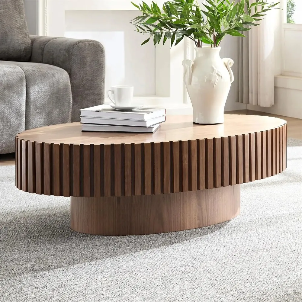 43.7''Oval Drum Coffee Table Handcrafted Relief Sturdy Pedestal Wooden Olive-Shaped Tea Table, 24.8