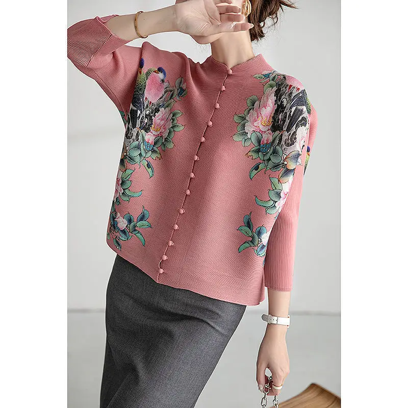 2023 New Sanzhai Pleated Print Top Spring/Summer Chinese Style Retro Loose Middle aged Mom Small Blouse Girl