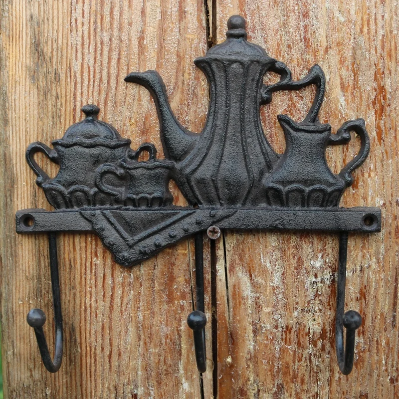 Vintage Tea pot design Cast iron Garden Wall Decor hooks for Clothes Door decor Farm House Accents Antique