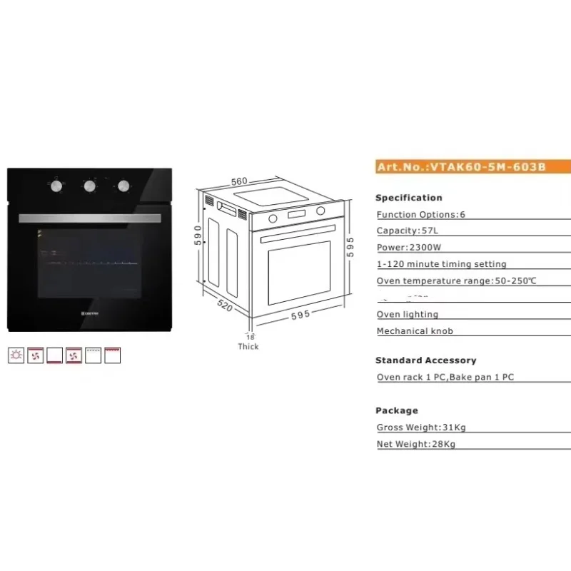 أفران مدمجة بسعة كبيرة سعة 60 لتر لموقد الغاز المنزلي مع فرن البيتزا وأجهزة المطبخ الخشبية #2