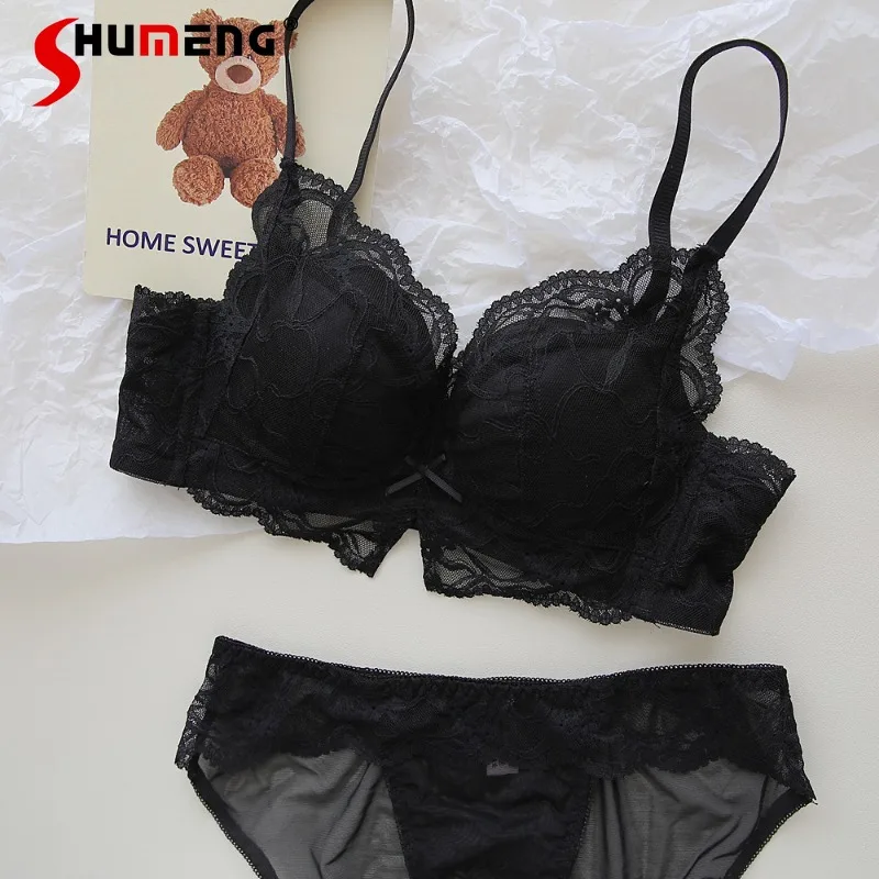 لطيف الرغبة النقية الملابس الداخلية للنساء اللاسلكية الصغيرة الصدر رفع مجموعات موجز الإناث النمط الياباني الدانتيل مثير الصدرية البدلة