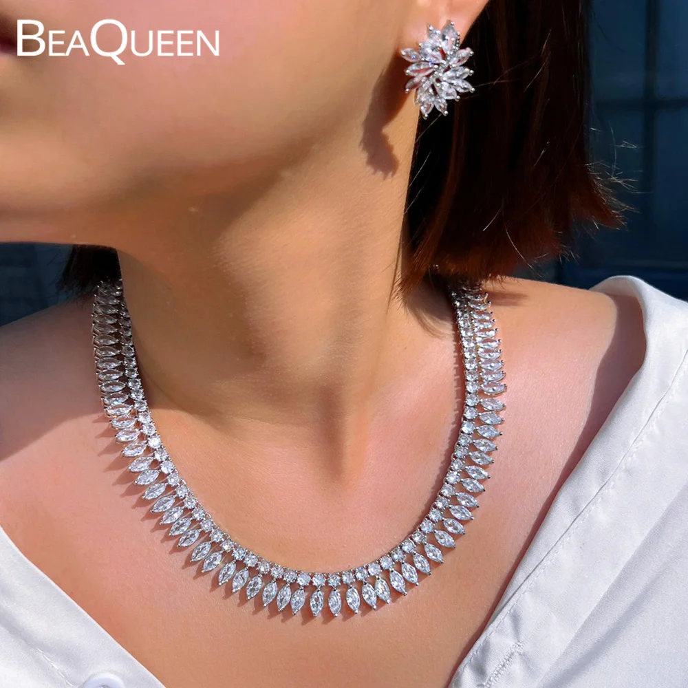 

BeaQueen, блестящие белые кубические циркониевые серьги с серебряным покрытием в виде листа, серьги для женщин, вечерние ювелирные изделия, подарки JS421