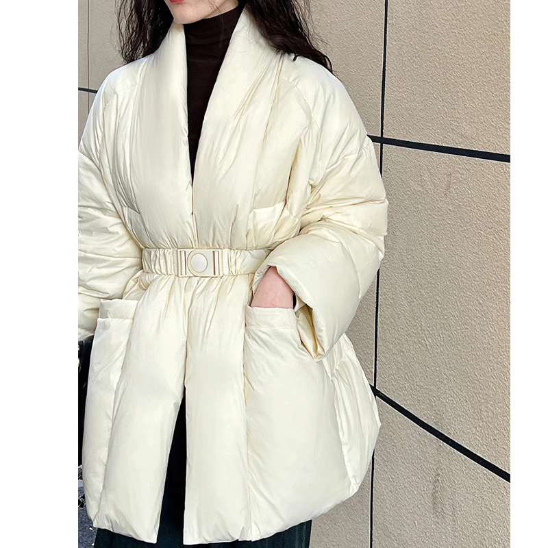 2024 New Women Winter 90 White Duck Down Coat Stand V-Neck Slim Waist Women Warm Thick Jacket Coat Casaco Feminino