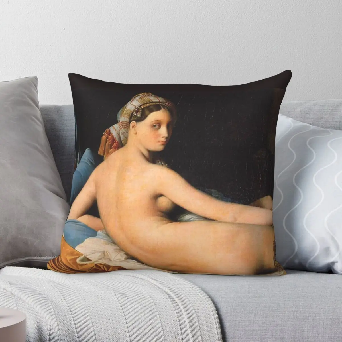Funda de almohada Jean Auguste Dominique Ingres Grand Odalisque, funda de almohada decorativa con cremallera creativa de terciopelo y lino de poliéster, funda para el hogar, 45x45