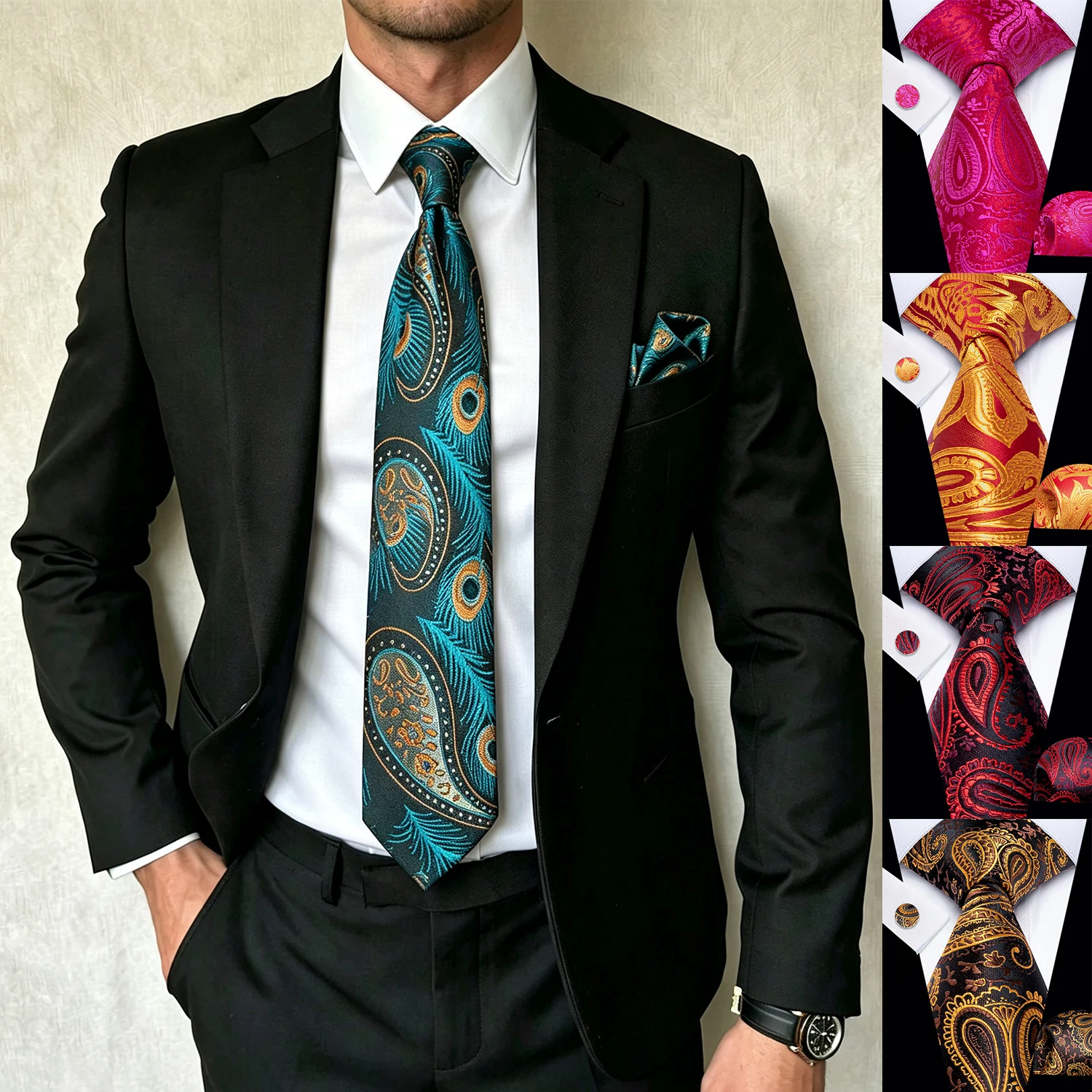Elegant Paisley Tie Set 3Pcs Mens Tie Hanky Cufflinks for Wedding Ceremony Business Banquet Office Interview Prom Formal Party
