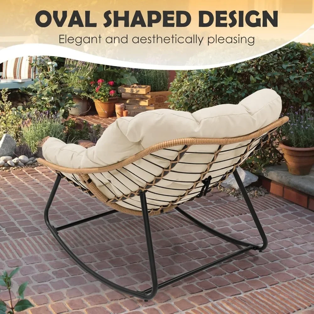 Outdoor Papasan Rocking Chair, Indoor Egg Rocking Chair with Thick Cushion, Oversized Wicker Rattan Patio Lounge Chairs for Bac