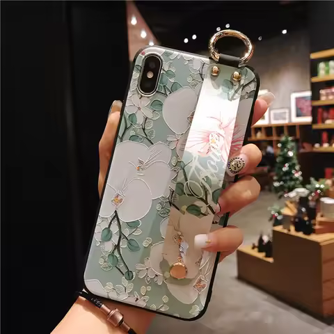 Wrist Strap Case For Samsung S25 S24 S23 S22 Plus Ultra Edge S21 S20 FE Flower Pattern Phone Holder Stand Soft TPU Cover