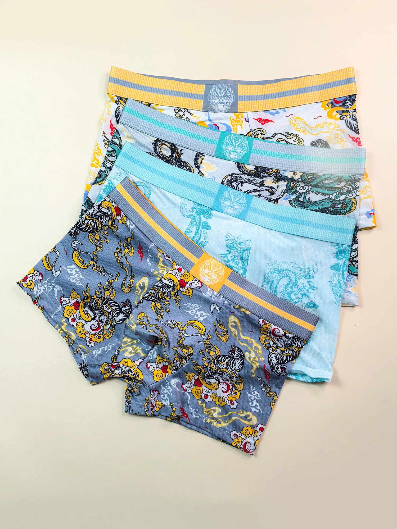 Men's Vintage Print Ice Silk Seamless Boxer Briefs Antibacterial Mid Waist Breathable Trendy Underwear 2