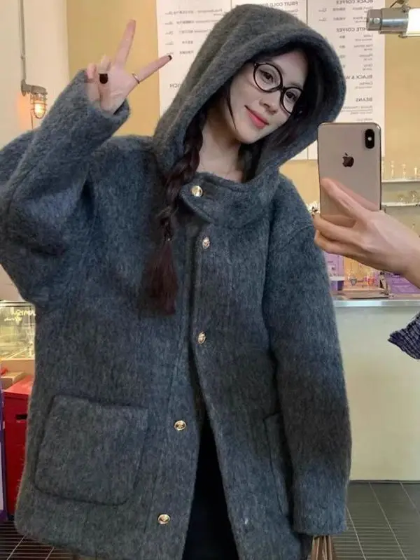 

Американское ретро-пальто с капюшоном для женщин, осенне-зимнее, оверсайз, укороченное, шерстяное, теплое, с длинными рукавами