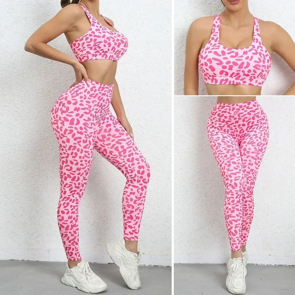 SEXY Leopard Yoga Set Women Sports Wear Gym Tracksuit Clothes Workout Leggings Crop Top Bra Fitness Suit Sportswear