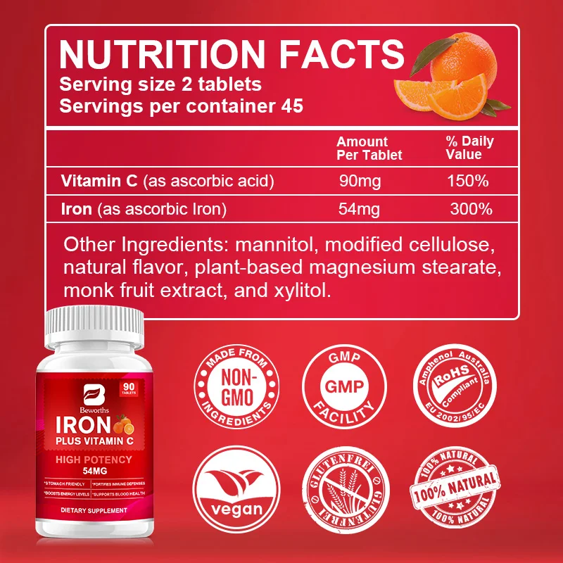 BEWORTHS 54mg Iron Tablet with Vitamin C for Blood Health Boosts Energy Level Fortifies Immune Defenses Stomach Friendly