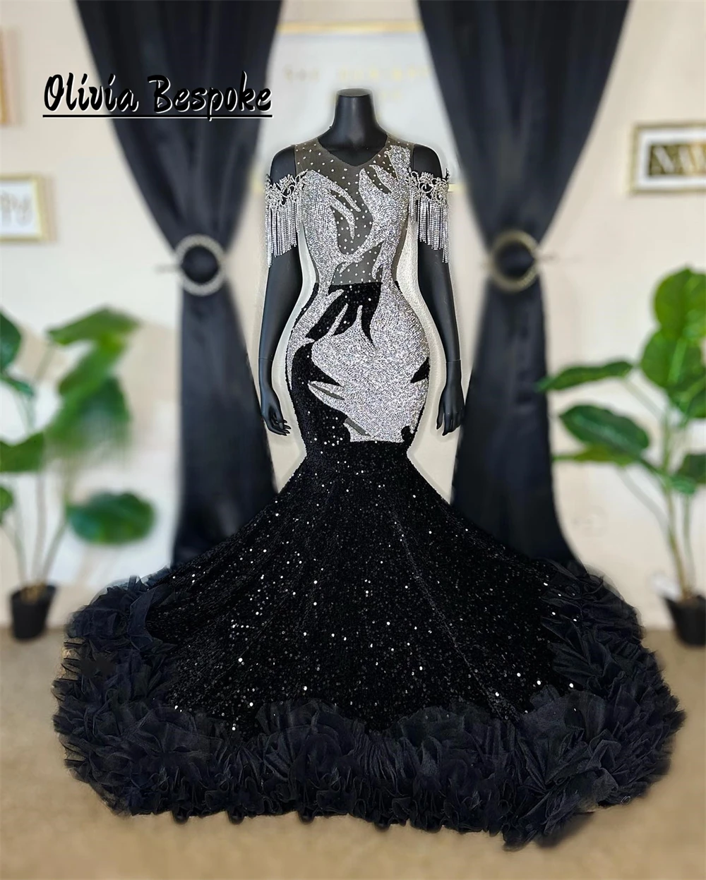 Excellent Black Sequin Mermaid Prom Dresses Birthday Silvery Crystal Beading Tassels Tulle Ruched Elegant Party Gown Black Girls