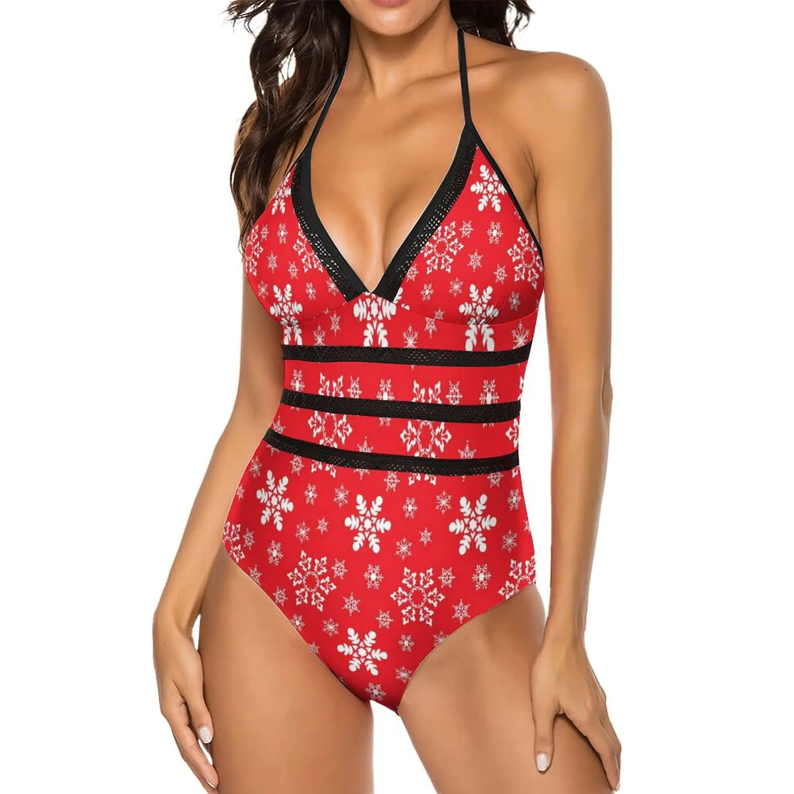 Festive Snowflake Swimsuit Sexy Red White One-Piece Swimwear Push Up Bodysuit Sweet Surfing Beach Wear