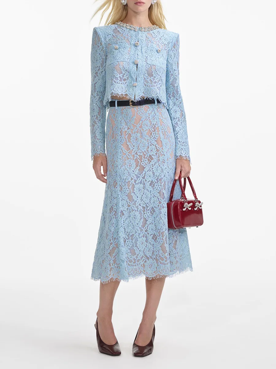 

TNFS Women Skirt Sets 2025 Spring Summer New Round Neck Diamond Lace Embroidered Top High Waist Long Skirt Two Pieces Sets