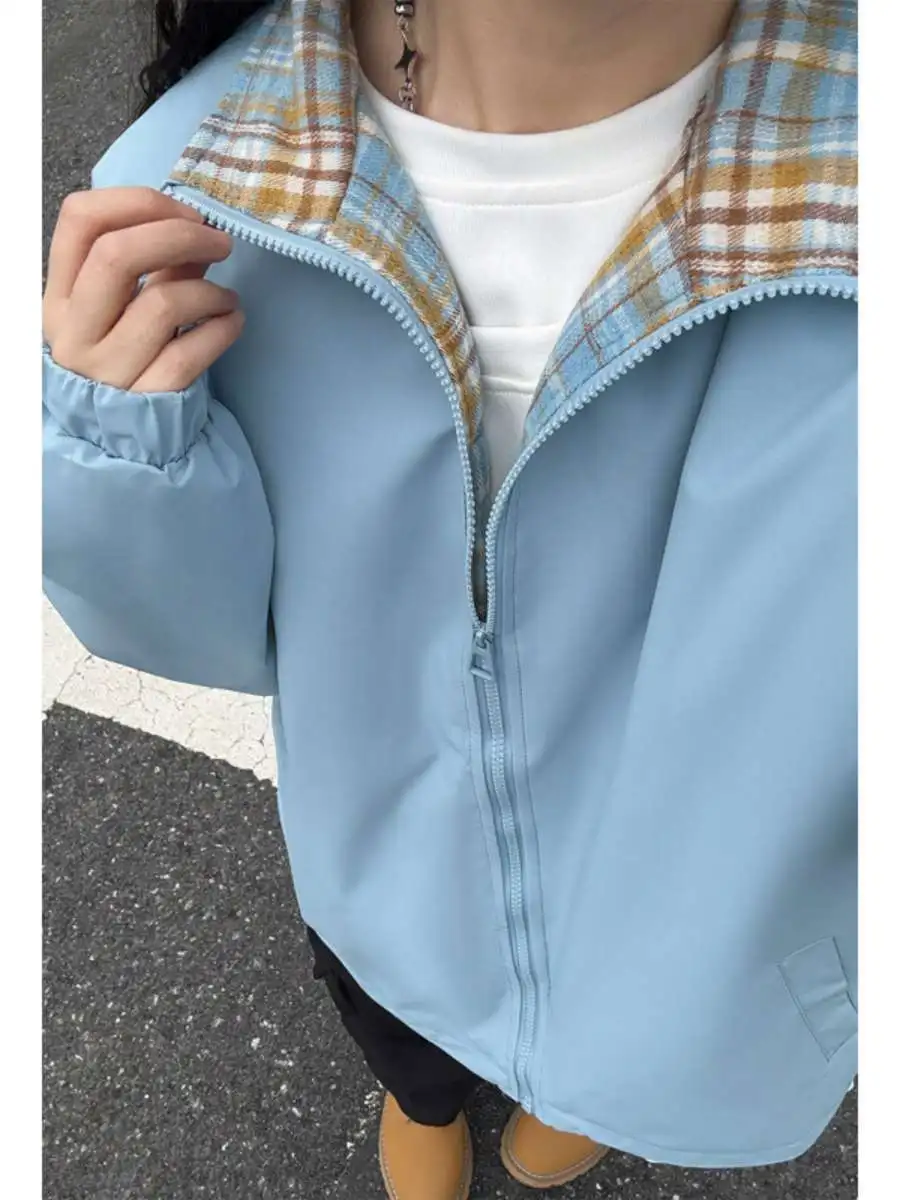 

Autumn New Sle Casual Plaid Collar Jaet for Teens And Men plus Size Two-Way Zipper College Sle Polyester Fiber Thiened