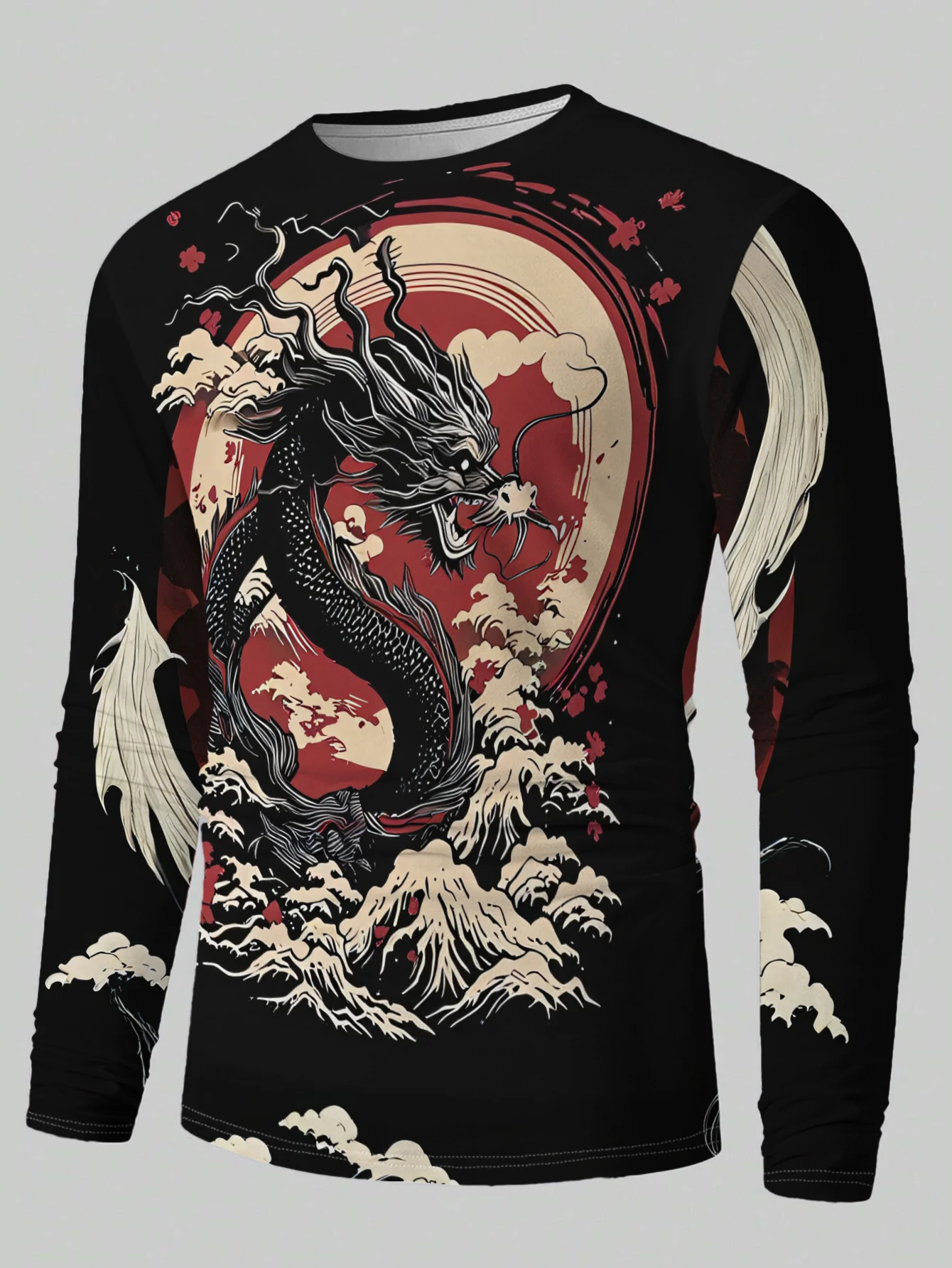 Classic Dragon Mythical Creature Mountain Cloud Graphic Print Unisex Long Sleeve Tee for Streetwear Sport Daily Casual Outfit