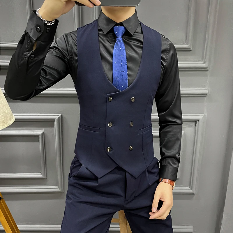 Men\'s Double Breasted Vest Spring New Slim Sleeveless Formal Suit Vest Gray Black Fashion Men\'s Business Casual Suit Vest 3XL-M