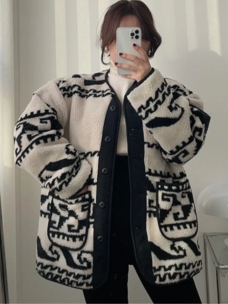 

Lamb Fur Collar Thiened Long Sve Women's Cotton Jaet Loose Fit Warm Retro Patchwork Print Outerwear Spring Autumn Winter