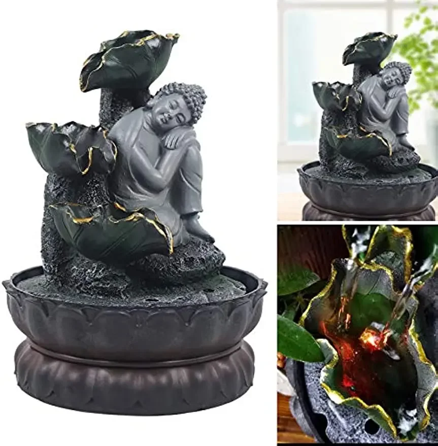 Handmade sentado e dormindo Buda estátua, correndo água fonte, Zen ornamentos, Novo