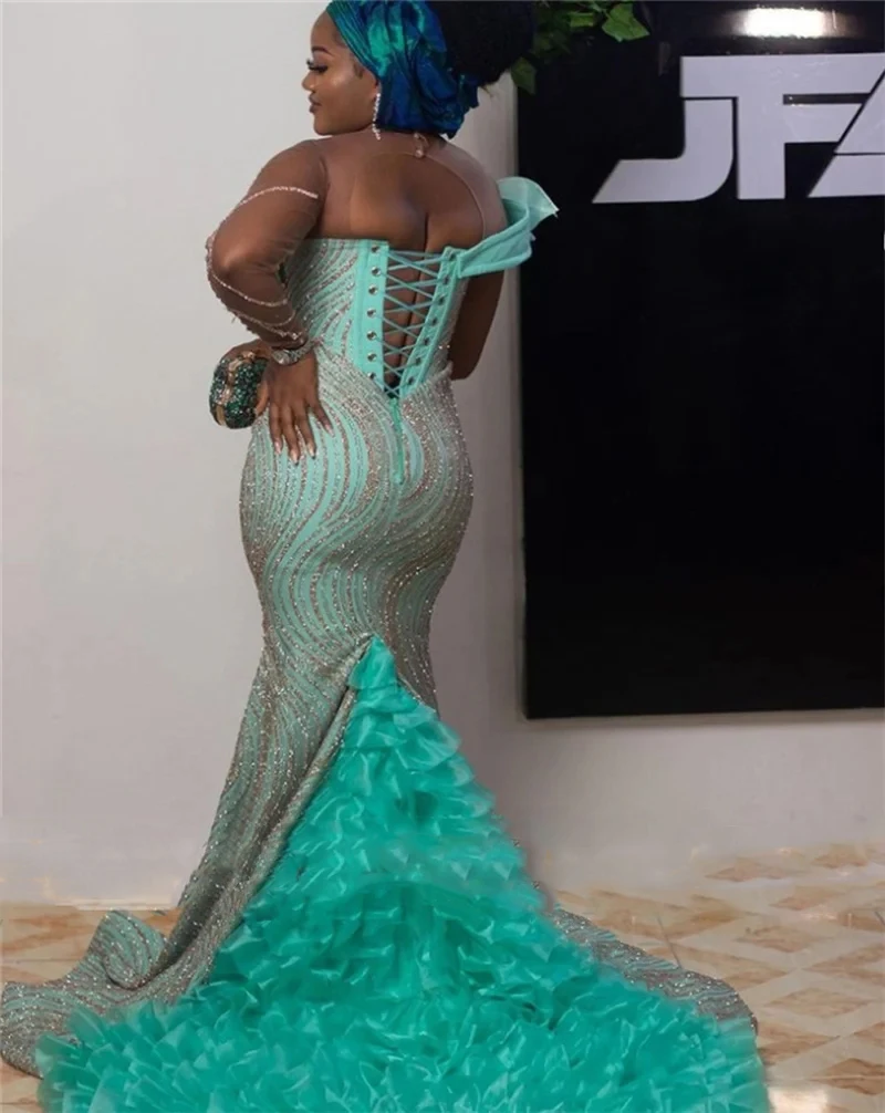 New Arrival Green Beaded Lace Evening Dresses Plus Size African Mermaid Prom Gown Ruffled Train Nigerian Wedding Reception Dress