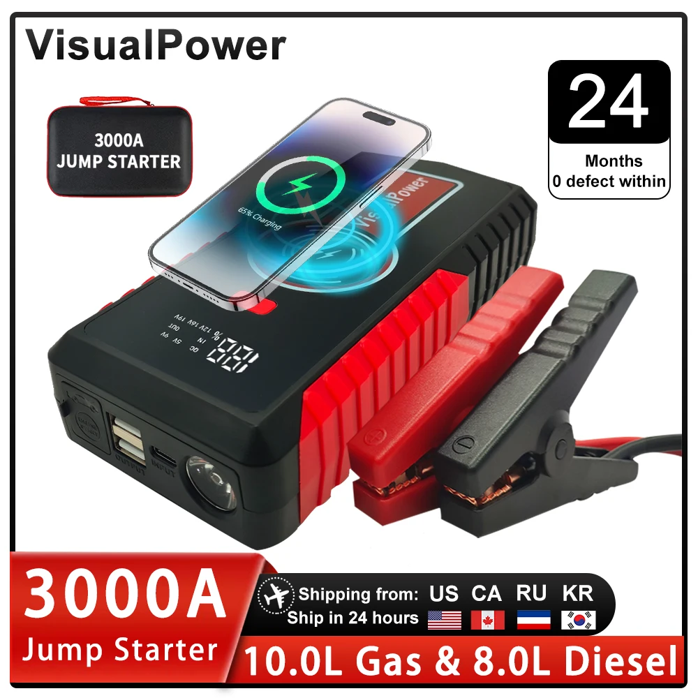 

3000A Car Jump Starter Power Bank Portable Charger Starting Device For 10.0L/8.0L Emergency Boosters Wireless Charging 2024