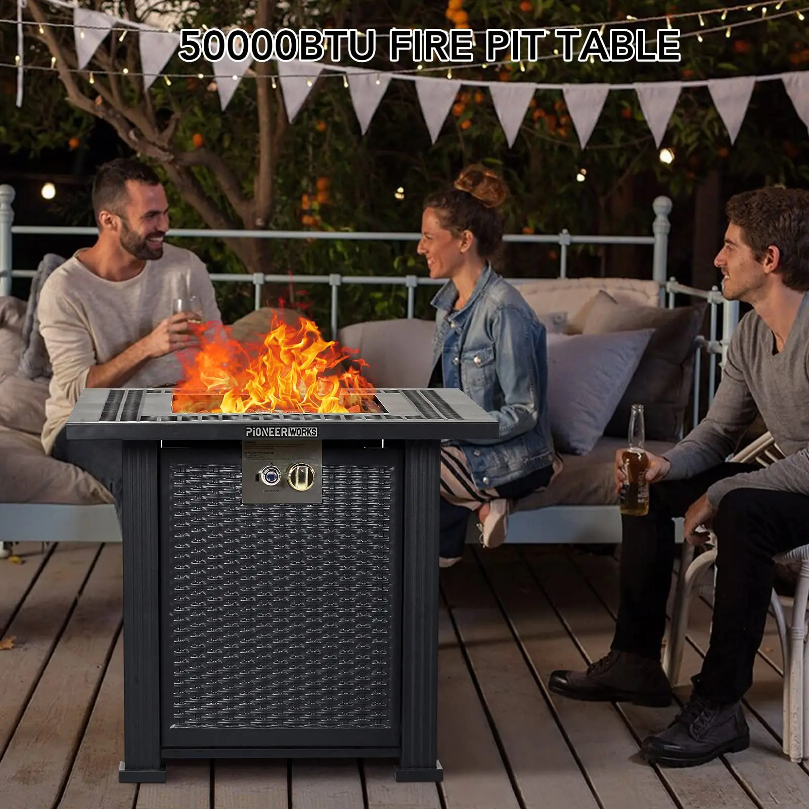 28 Inch Propane Fire Pit Table, PioneerWorks 50000BTU Rectangle Fire Table with Cover, Sturdy Steel and Iron Fence Surface, CSA