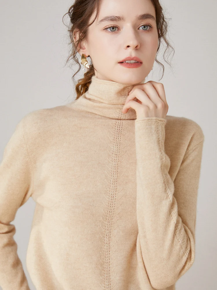 

Autumn Winter Women Turtleneck Cashmere Sweater Jacquard Roll Hem Pullover 100% Cashmere Knitwear Basis Lady Long Soft Solid Top