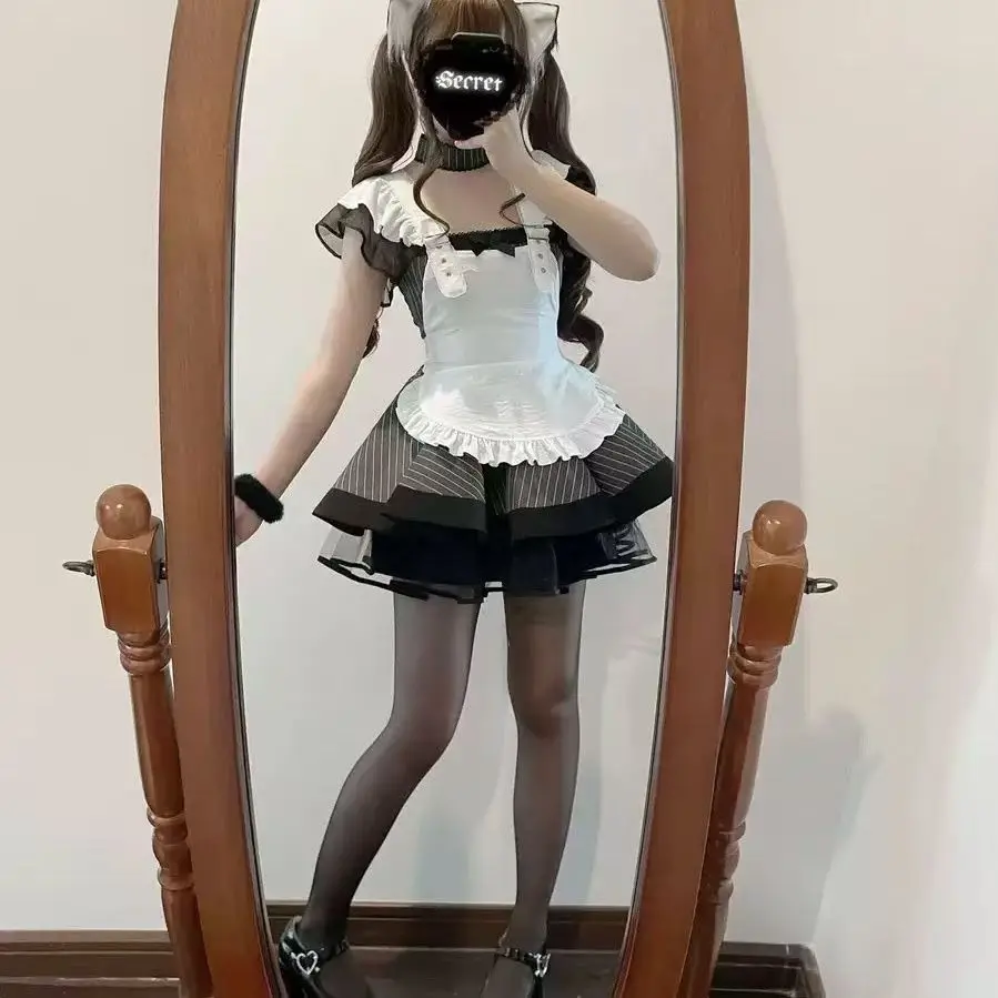 

Vintage Black-and-White Striped Lolita Maid Outfit Subculture Japanese-Style Apron Set Cosplay Dress Suitable for Halloween