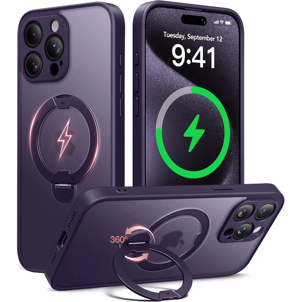 

Magnetic iPhone 15 Pro Max Case with Unbreakable Stand, Military-Grade Protection, MagSafe Compatible, Slim Translucent Matte, D