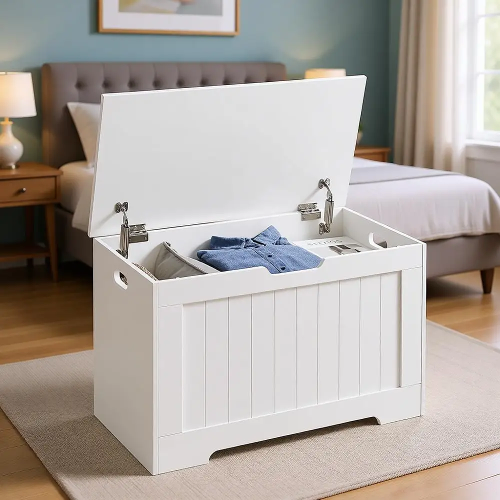 

Широкая скамья для хранения вещей 29.9 с 2 безопасными петлями, для хранения обуви, цвет Cloud White, для прихожей, спальни, гостиной