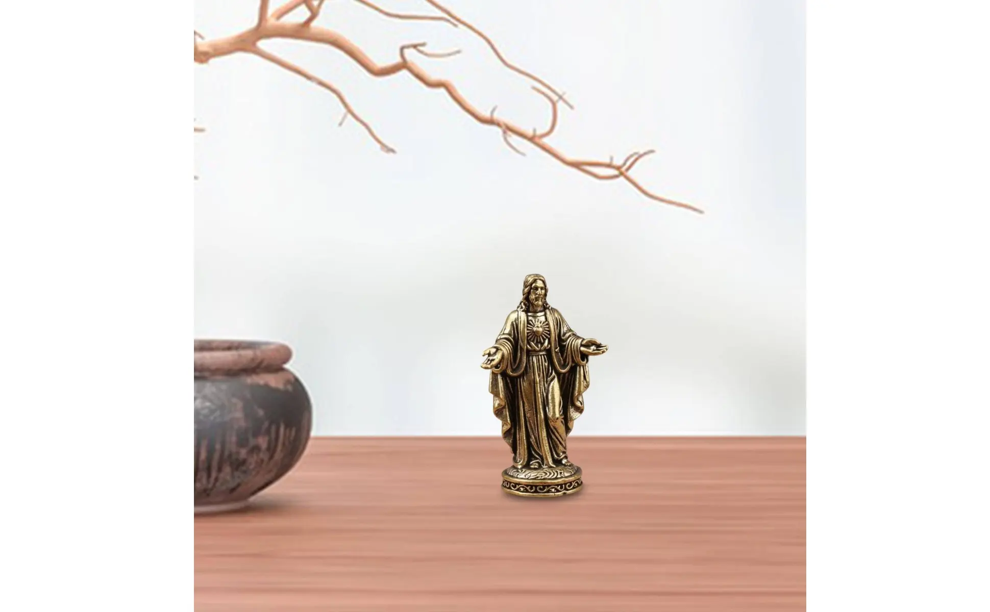 Brass Jesus Figurine Desktop Decoration Sacred Heart of Jesus Statue Miniature Christian Sculpture Handmade Look for Christians