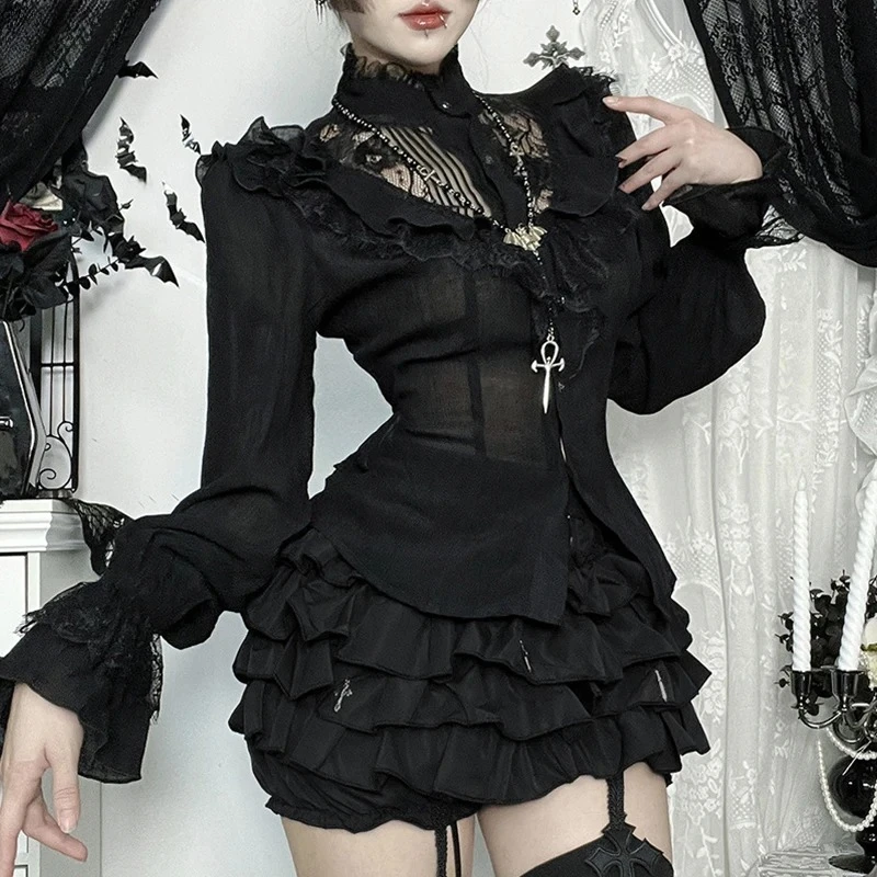 

Dark Lace Hollow Patchwork Single Breasted Shirt Blouses Women Fashion Outfits Mall Goth Flare Sleeve Shirts Tops Halloween