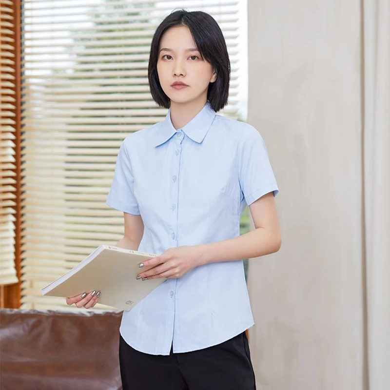 Y2K Women White Shirt Korean Casual Office Turn Down Collar Female Short Sleeve Blouse Fashion New Button All Match Ladies Tops