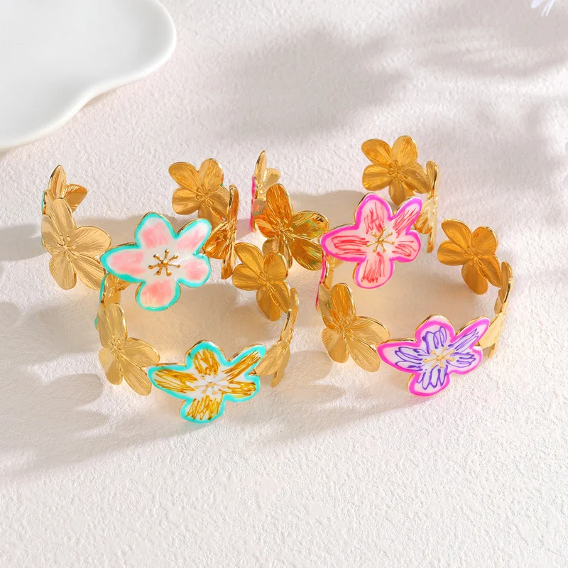 

Colorful Enamel Flower Open Cuff Bracelet Boho Floral Statement Bangle Stainless Steel Vintage Spring Jewelry For Women Gift