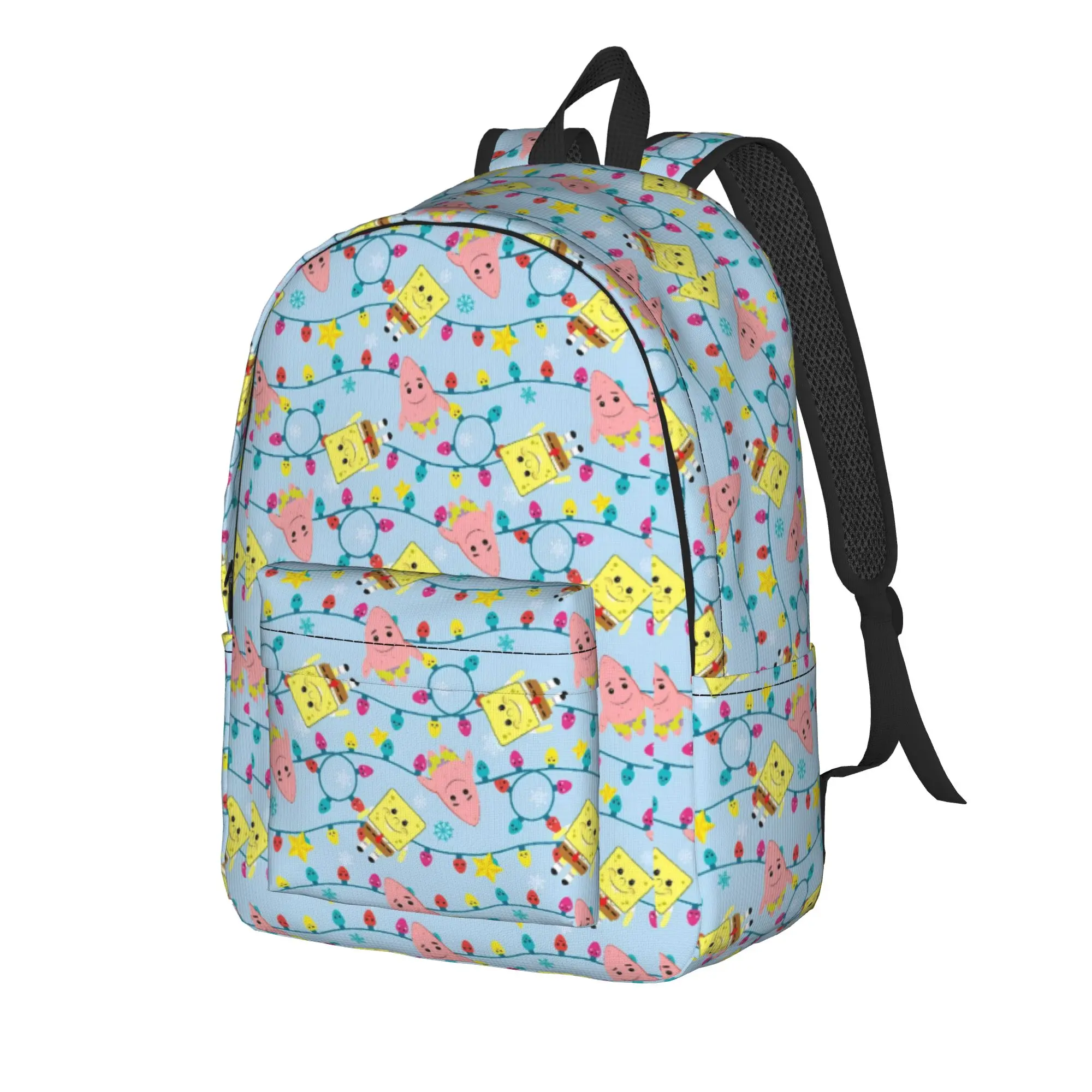 S-SpongeBobed Light Blue Pastel Floral Tile Backpack  Cycling Backpacks Female Designer Print High School Bags Fun Rucksack