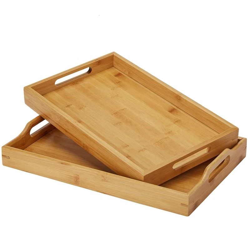 

Serving Tray With Handle Rectangle Bamboo Butler Breakfast Tray,2 Pcs Party Platter Decorative Large Tea Tray,Dinner