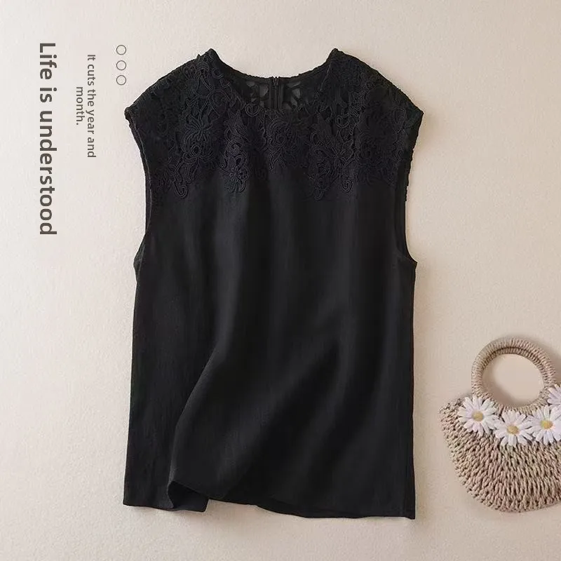 Gilet con finiture scavate in pizzo retrò Donna Estate Faion Allentato rotondo Ne Svel Base irt Top Cleanfit U-ne Ricamo