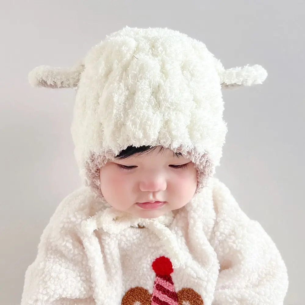 All-match Lamb Animal Hats Scarf Solid Color Korean Style Children Fleece Hat Cartoon Muffler Hat with Scarf Face Protection