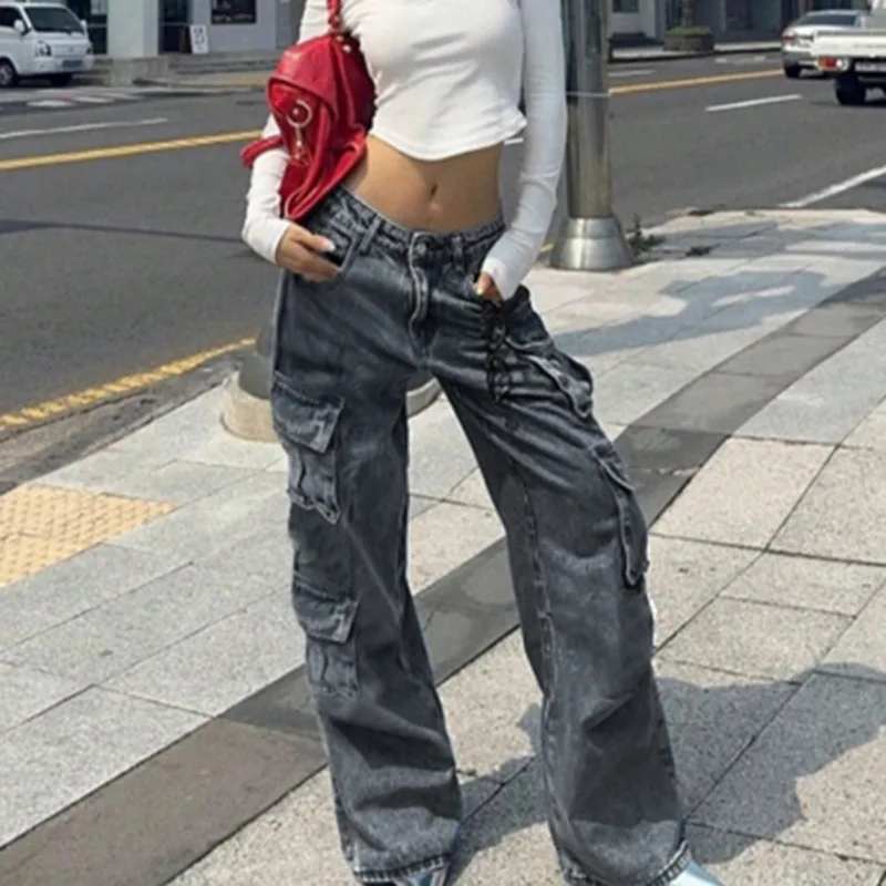 Jeans da donna in stile retrò europeo e americano, pantaloni a gamba dritta dimagranti a vita alta dalla vestibilità ampia, pantaloni da lavoro, pantaloni con tasche, s