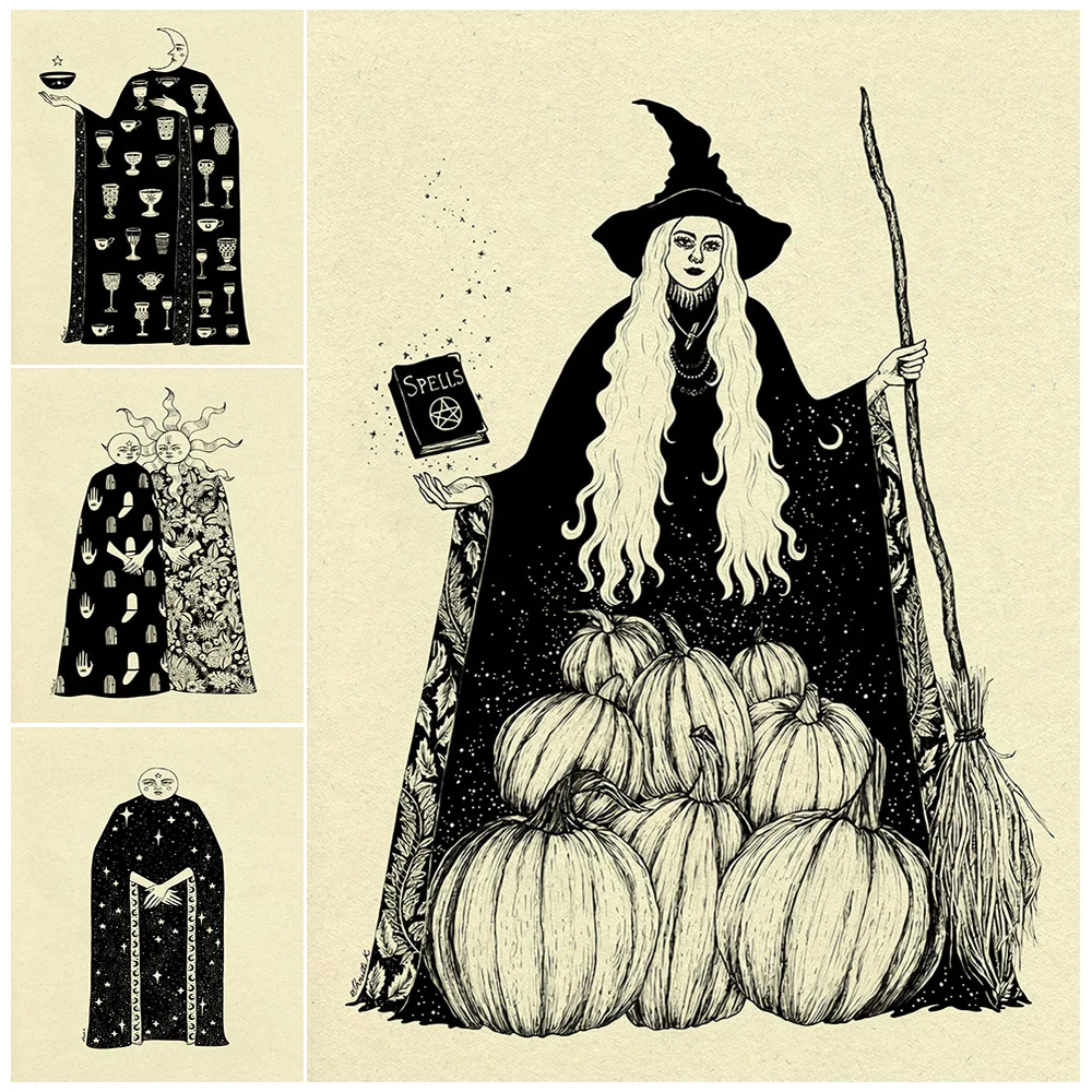 

Witch Of Autumn And Goddess Of Night,Vintage Wall Art Canvas Painting,Personification Of The Sun And Moon,Art Poster Print Decor