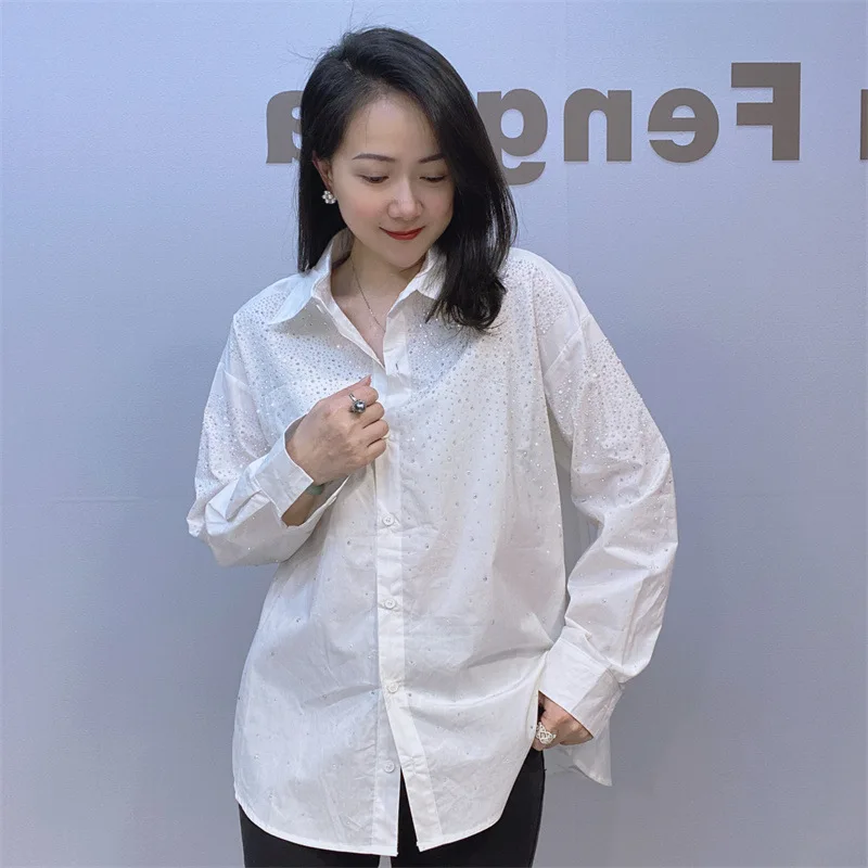 2024 New Spring Heavy Work Hot Drilling Lapel Long Sleeve Shirt Women Fashion Casual Loose Blouse Top s798