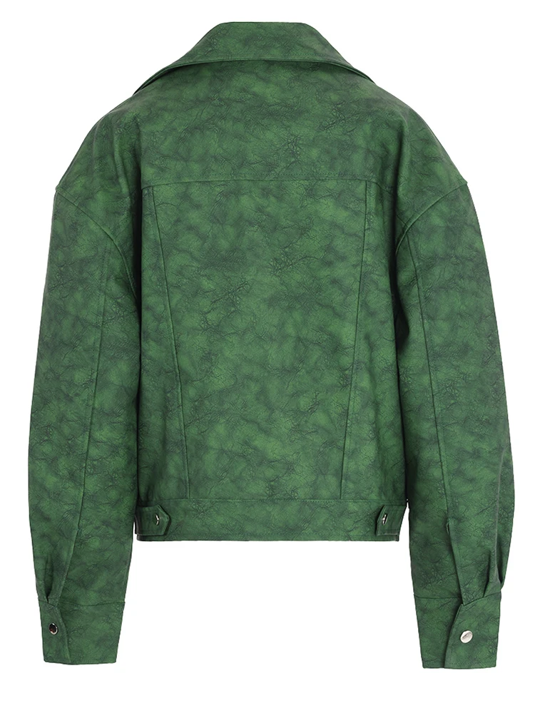 EAM-Blouson en cuir PU femme, vert, décontracté, vintage, manches longues, revers, tendance printemps automne 2024, CPG1069