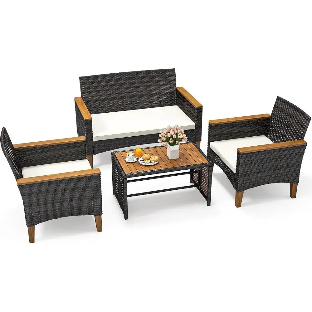 Conjunto de móveis ao ar livre para todos os climas, apoio de braço de madeira, 4 peças, rattan, vime, conversa, com mesa de centro, pátio, varanda