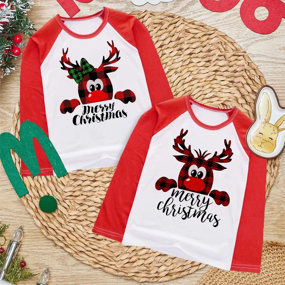 

Merry Christmas Deer Printed Shirt Boys Girls Christmas Party Outfit T-shirt Kids Winter Holiday Clothes Raglan Long Sleeve Tops