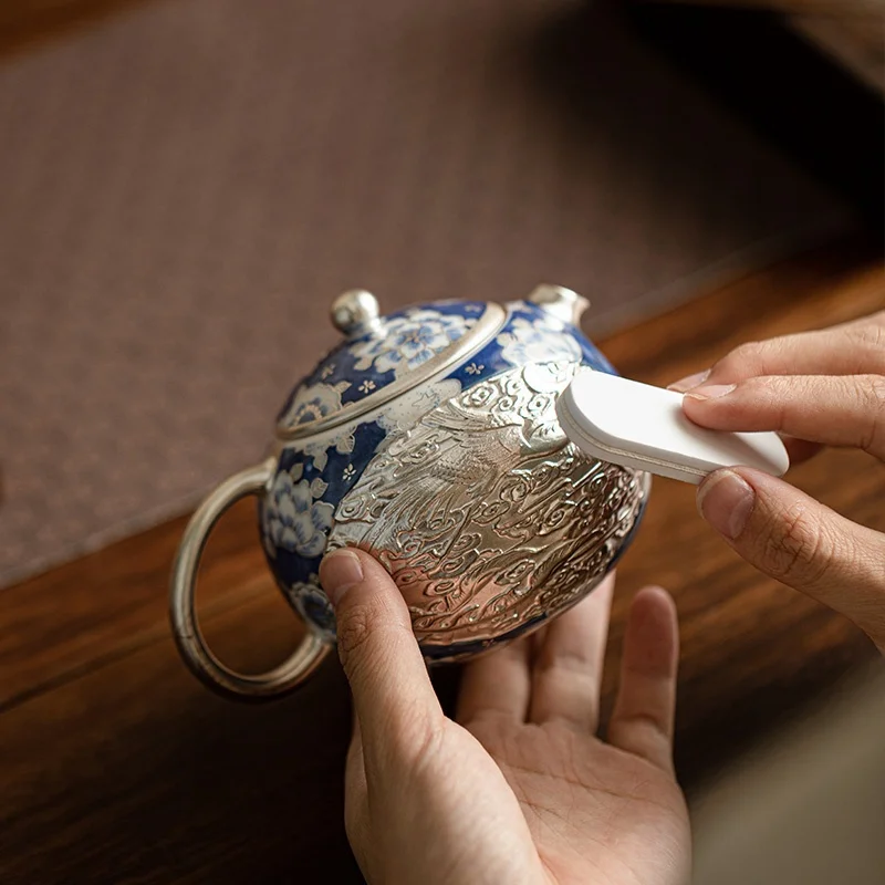 230ml Master He Fusen Hand Made Silver Gilded Dragon And Phoenix XiShi Tea Pot Silvering Tea Set Blue&White KungFu Tea Set - view 3