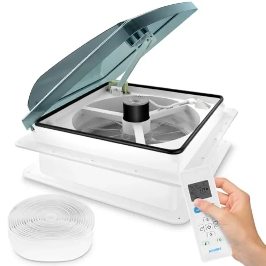 RV bathroom vent fan: 14 roof exhaust fan, ABS plastic, white, 10-speed reversible quiet operation with remote, temp/rain senso