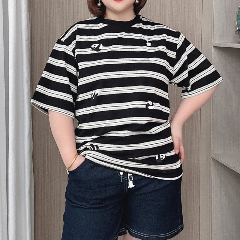 Striped Panda Embroidery Short Sleeve T-shirt Women Summer 2024 New Plus Size Casual Crew Neck Tops